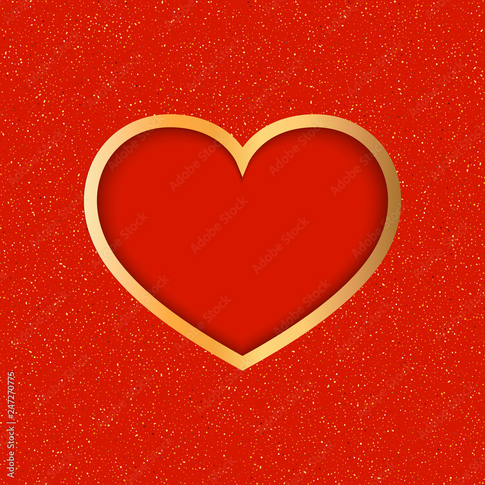 Gold Heart on Red glitter Background. Symbol of love. Design element for Valentine s day.