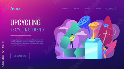 Business people reuse milk carton as vase creatively and upcycling symbol. Upcycling, creative reuse method, ecology recycling trend concept. Website vibrant violet landing web page template.