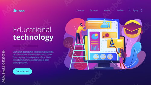 Educational courses management software on computer screen. Learning management system, educational technology, online learning delivery concept. Website vibrant violet landing web page template.