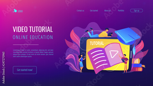 Students watching video tutorial on tablet with player sign. Online education, web educational video, online courses and training, e-learning concept, violet palette. Website landing web page.