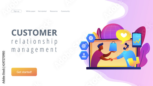 Manager shakes hands with customer, strategy for interactions with client. Customer relationship management, CRM system, CRM lead management concept. Website vibrant violet landing web page template.