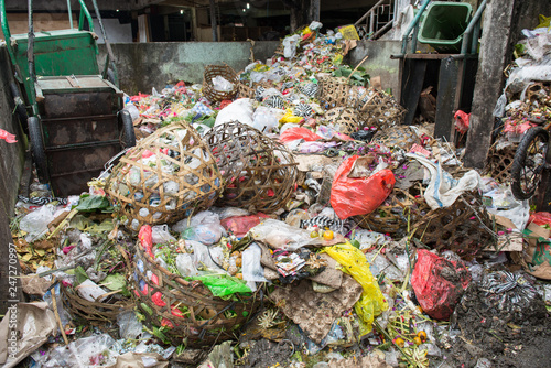 Pile of garbage plastic and trash bag waste in Ubud market of Bali, Indonesia. Bad management, Pollution trash.