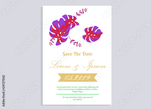 weeding invitation 10, romantic style with rose flower and monstera background