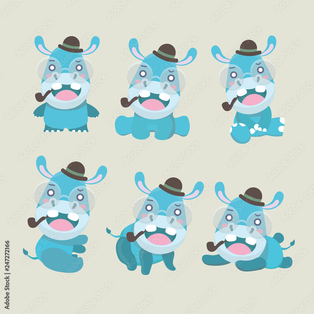 Collection funny hippo different poses..