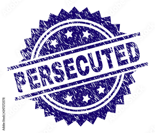 PERSECUTED stamp seal watermark with distress style. Blue vector rubber print of PERSECUTED text with unclean texture.
