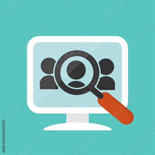 Computer and magnifying glass searching a person. Human resource concept