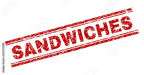 SANDWICHES seal print with distress texture. Red vector rubber print of SANDWICHES text with corroded texture. Text caption is placed between double parallel lines.