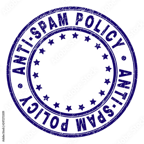 ANTI-SPAM POLICY stamp seal imprint with grunge texture. Designed with round shapes and stars. Blue vector rubber print of ANTI-SPAM POLICY text with retro texture.