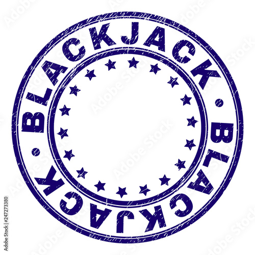 BLACKJACK stamp seal imprint with distress texture. Designed with round shapes and stars. Blue vector rubber print of BLACKJACK title with grunge texture.