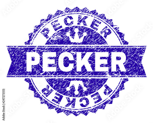 PECKER rosette stamp seal watermark with grunge style. Designed with round rosette, ribbon and small crowns. Blue vector rubber watermark of PECKER text with grunge texture.