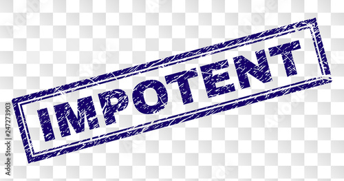 IMPOTENT stamp seal print with distress style and double framed rectangle shape. Stamp is placed on a transparent background. Blue vector rubber print of IMPOTENT title with retro texture.