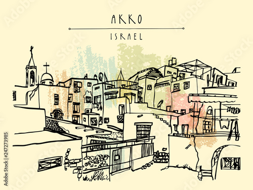 Akko Israel hand drawn postcard