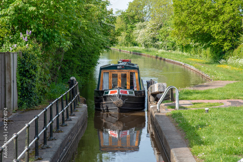 Print op canvas Lock with an approaching narrowboat on the LLangollen Canal in Shropshire, UK