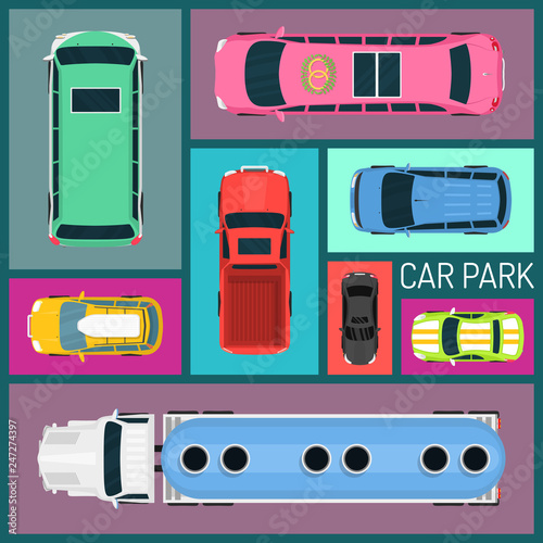 Cars of different size and color seamless pattern vector illustration. Car parking. Top view of parking zone with a variety of cars. Parking garage in flat style. Transportation.