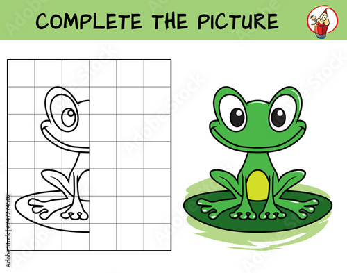 Complete the picture of a funny frog. Copy the picture. Coloring book. Educational game for children. Cartoon vector illustration