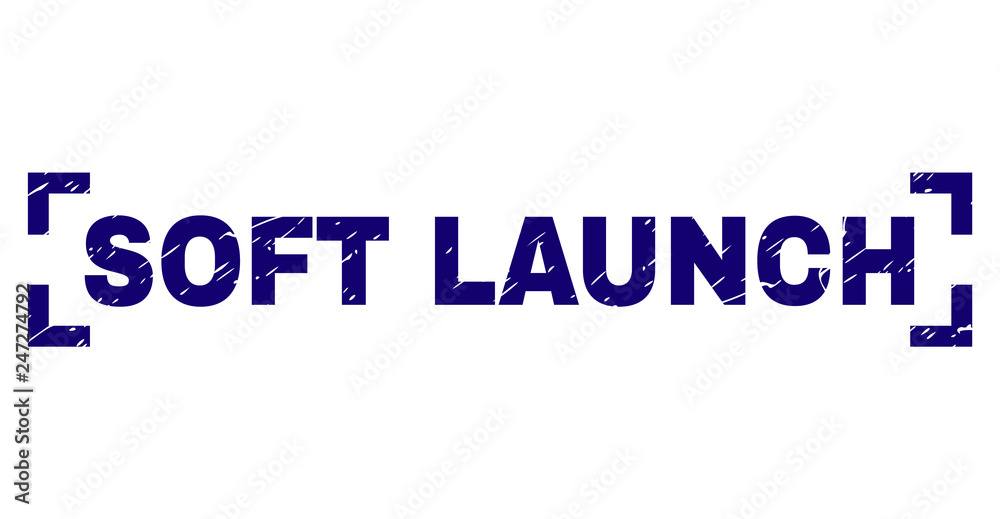 SOFT LAUNCH tag seal print with corroded texture. Text title is placed