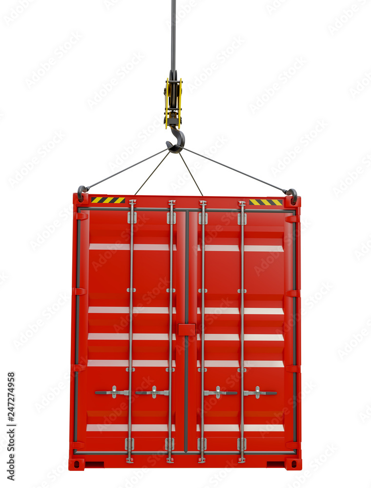 Red cargo container hoisted by hook