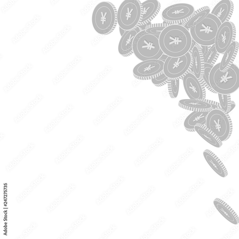 Chinese yuan coins falling. Scattered black and wh Chinese yuan coins falling. Scattered black and wh