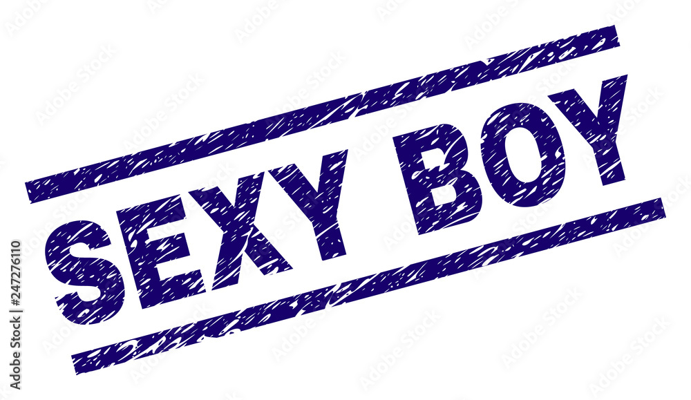 SEXY BOY seal print with scratced style. Blue vector rubber print of SEXY BOY text with dust