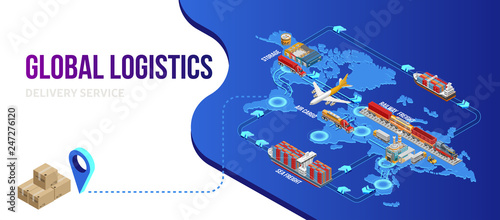 Dots connecting isometric structure of global logistics on world map with final delivery point