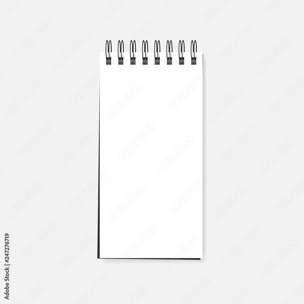 Open wire spiral white blank reporter notebook, realistic vector mockup Open wire spiral white blank reporter notebook, realistic vector mockup