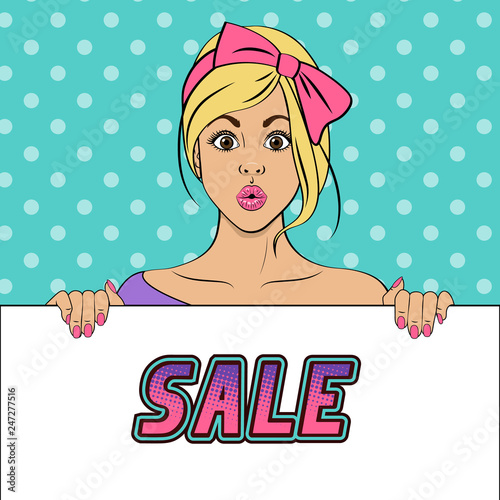 Retro woman hide behind blank poster. Sale. Banner Template. Vector illustration in pop art style