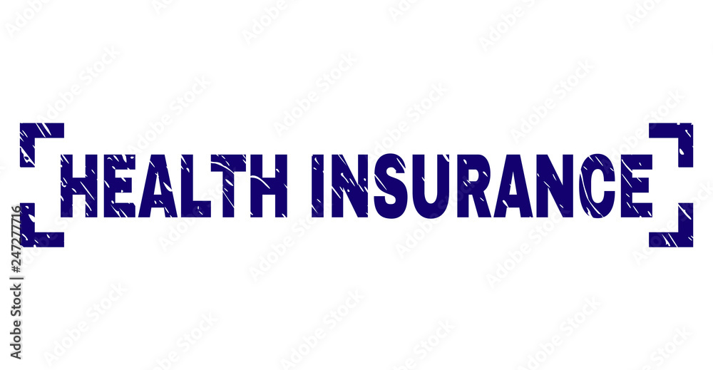 HEALTH INSURANCE text seal print with corroded texture. Text caption is placed inside corners. Blue vector rubber print of HEALTH INSURANCE with unclean texture.