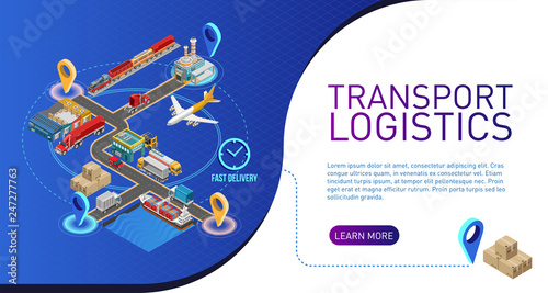 Isometric structure of modern transport logistics with description for delivery website
