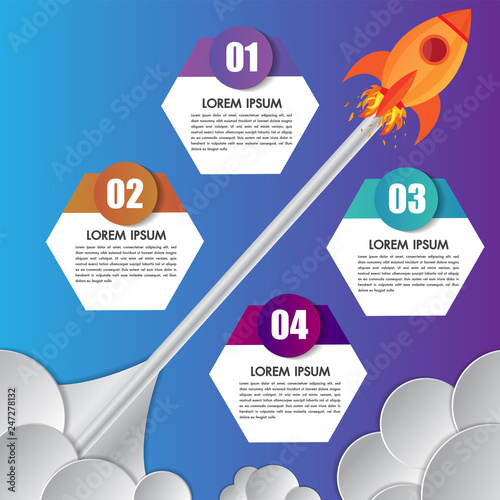 Infographics design template rocket or spaceship launches through the clouds with icons flying up 4 options elements arranged in vertical row and year indication.Concept of four annual steps.