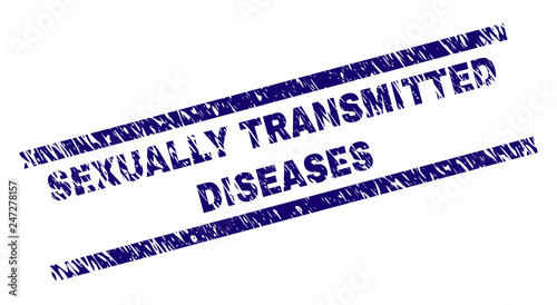 SEXUALLY TRANSMITTED DISEASES seal print with grunge style. Blue vector rubber print of SEXUALLY TRANSMITTED DISEASES tag with grunge texture. Text caption is placed between parallel lines.