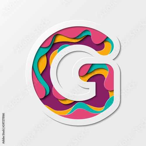 Paper cut letter G Symbol. Realistic 3D multi layers paper cut effect isolated on white background. Suitable for fun and happy things.
