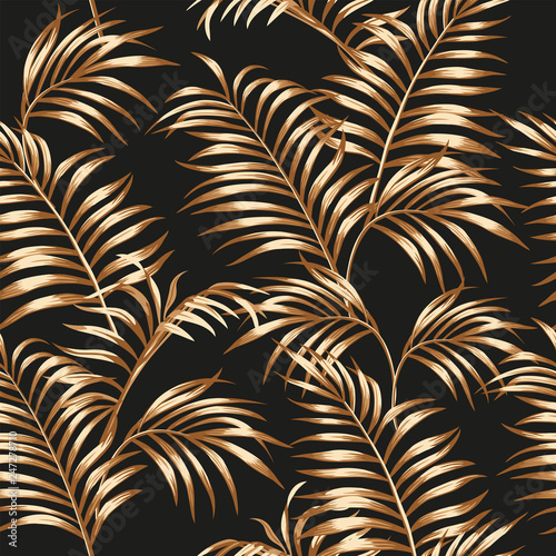 Gold palm leaves seamless black background