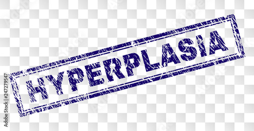 HYPERPLASIA stamp seal print with rubber print style and double framed rectangle shape. Stamp is placed on a transparent background. Blue vector rubber print of HYPERPLASIA title with dirty texture.