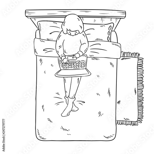 Girl with laptop on the bed. Comic style image for coloring. Top view.