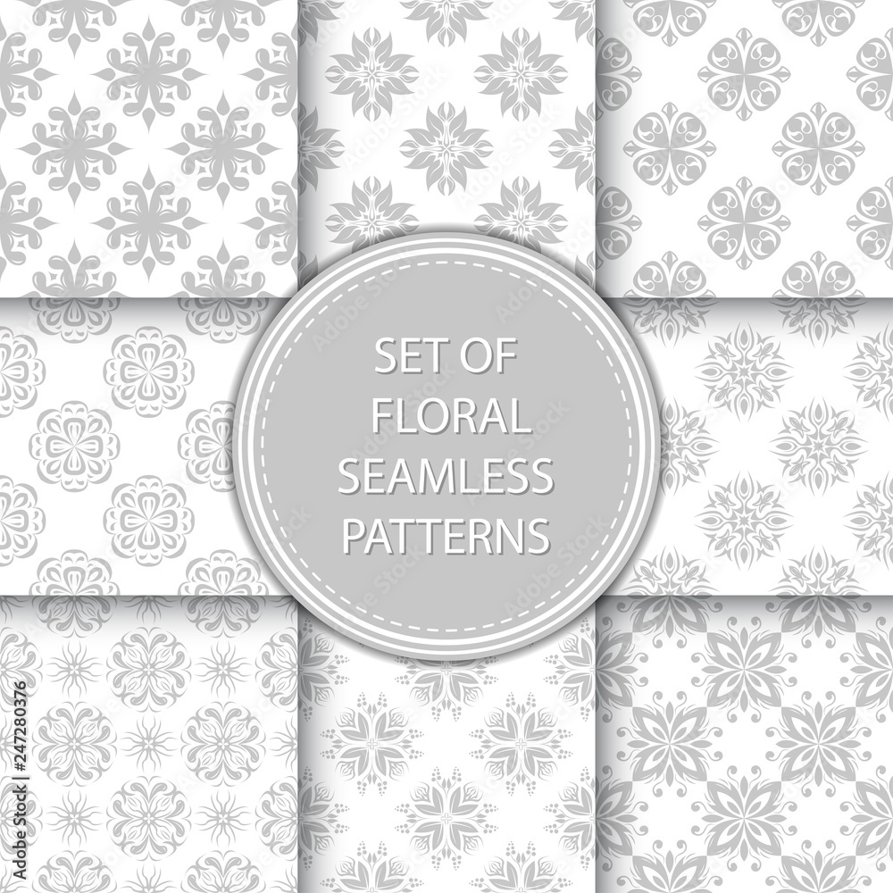 Compilation of floral patterns. Gray design with flowers on white background