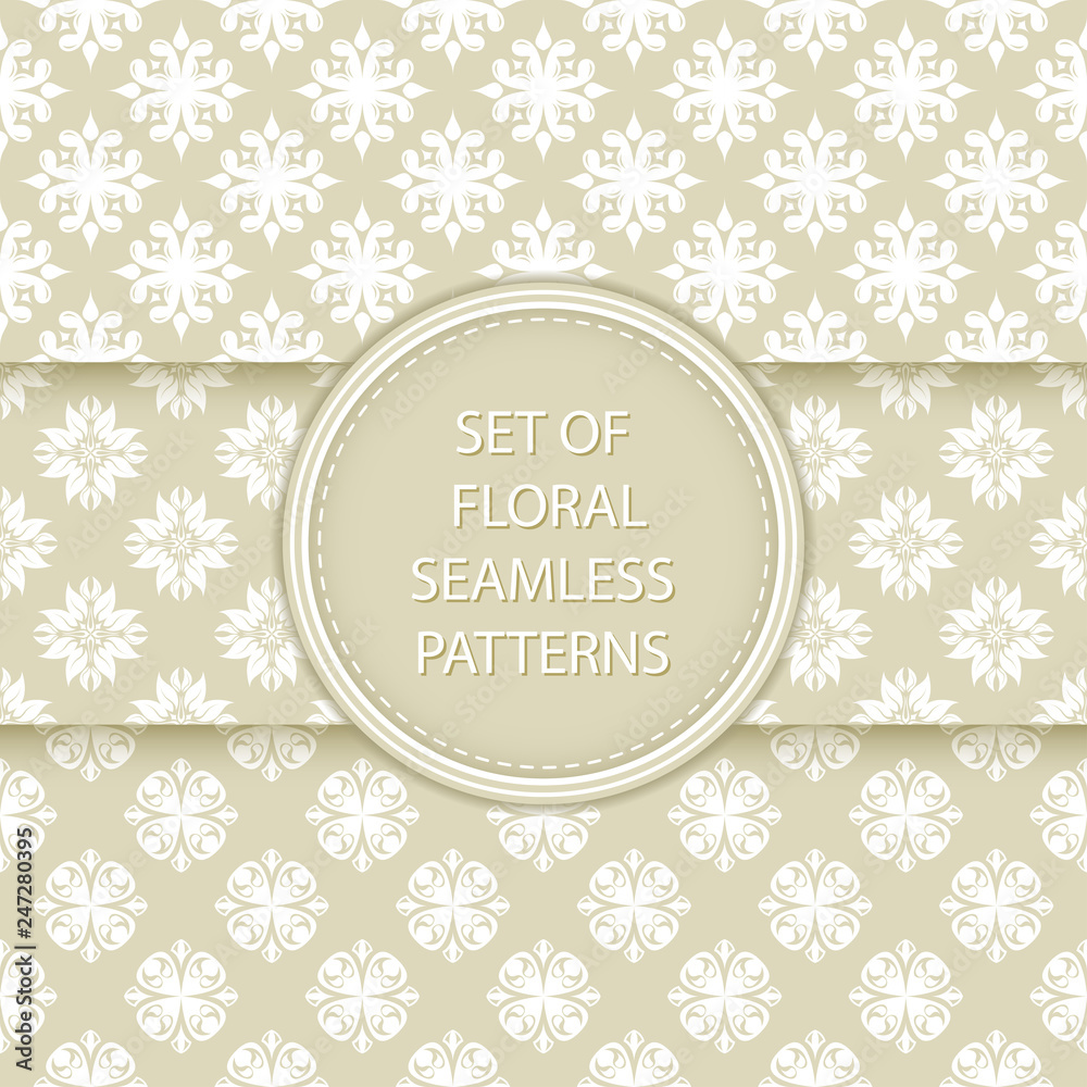 Olive green and white floral seamless patterns. Compilation of designs with flowers Olive green and white floral seamless patterns. Compilation of designs with flowers