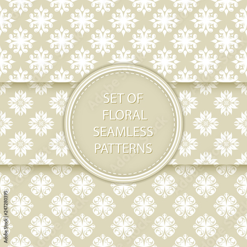 Olive green and white floral seamless patterns. Compilation of designs with flowers