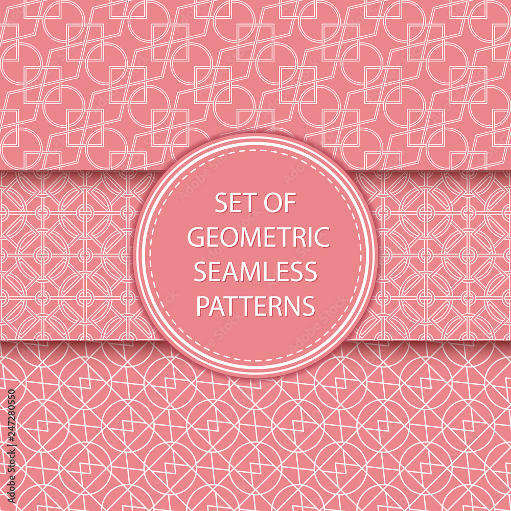 Compilation of geometric seamless patterns. White designs on pink background