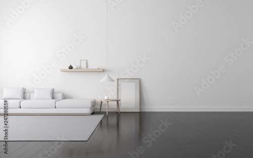 View of white living room in scandinavian style with wood furniture on dark laminate floor.Perspective of minimal design architecture. 3d rendering. 