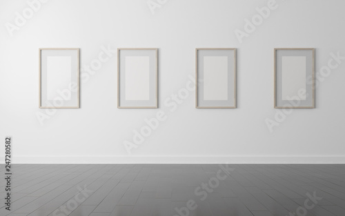 View of white gallery space in Scandinavian style with wood picture frame on wall in dark laminate floor.Perspective of minimal design architecture. 3d rendering. 