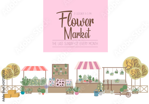 Flower market poster with floral stalls at walking street, cartoon flat design. Editable vector illustration