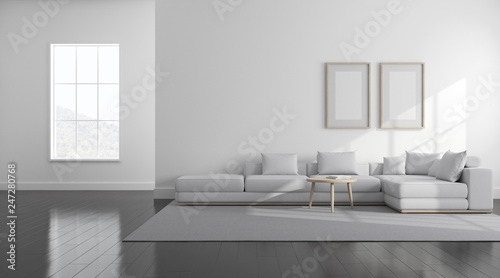 View of white living room in scandinavian style with wood furniture on dark laminate floor.Perspective of minimal design architecture. 3d rendering. 