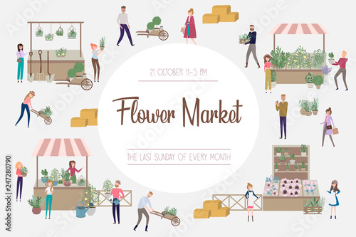 Flower market poster with people selling and shopping at walking street, cartoon flat design. Editable vector illustration