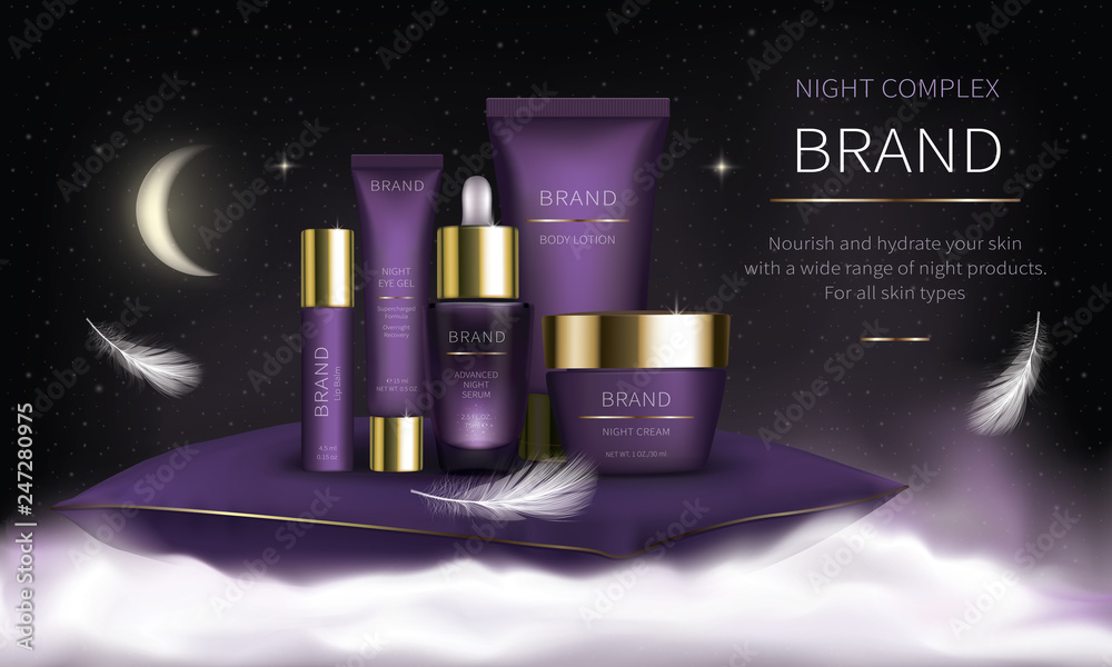 Night cosmetic series for face skin care, realistic vector. Purple jar of cream and serum, plastic tube with eye gel. Cosmetics standing on white fluffy cloud on purple background with soft feathers