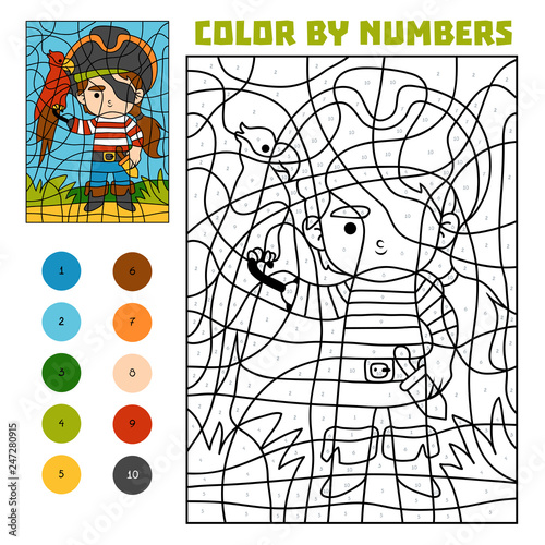 Color by number, education game, Pirate and parrot
