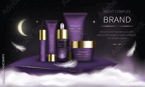 Night cosmetic series for face skin care, realistic vector. Purple jar of cream and serum, plastic tube with eye gel. Cosmetics standing on white fluffy cloud on purple background with soft feathers