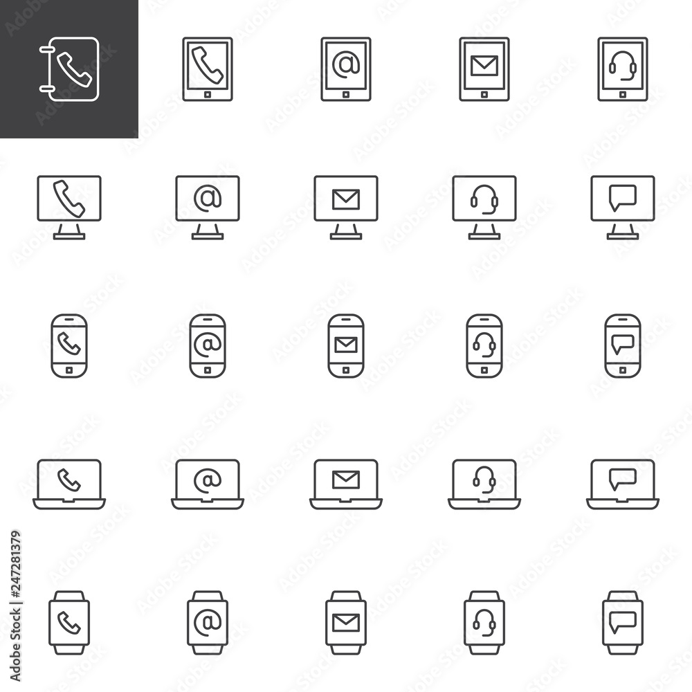 Contact and communication line icons set. linear style symbols collection, outline signs pack. vector graphics. Set includes icons as Laptop email, Computer monitor, Smartphone, Smartwatch, Mobile app Contact and communication line icons set. linear style symbols collection, outline signs pack. vector graphics. Set includes icons as Laptop email, Computer monitor, Smartphone, Smartwatch, Mobile app