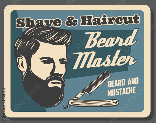 Barbershop beard master, retro shaving and haircut