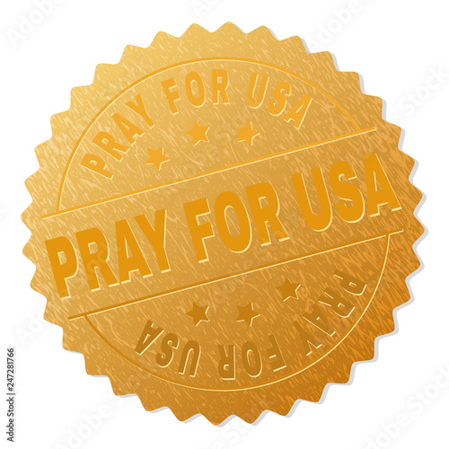 PRAY FOR USA gold stamp award. Vector golden award with PRAY FOR USA text. Text labels are placed between parallel lines and on circle. Golden surface has metallic texture.