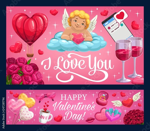 Valentines Day Cupid, hearts, rose flowers, ring